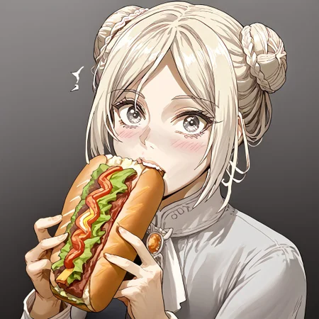 solo, 1girl, Elentzia_TR, pale blonde hair, braided bun, gray eyes, deli,  holding, sandwich, biting , looking at viewer, surprised, absurdres, 4kres, source_anime, score_7_or_higher, csr style, mammoth_metal_style