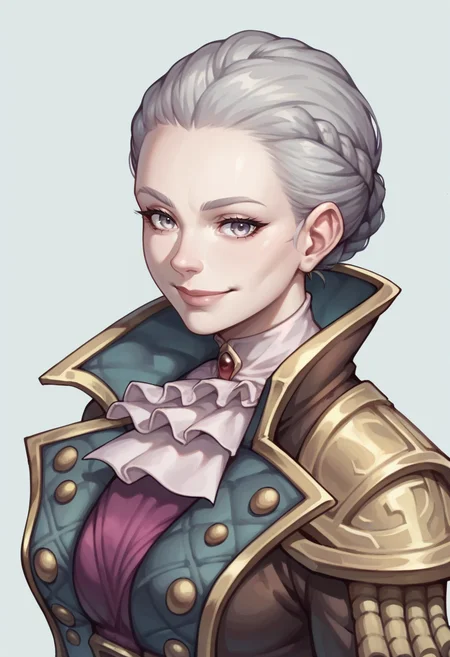 score_9, score_8_up, score_8, source_anime, 1girl, breasts, <lora:KatherineProudmoore:0.85> solo, ascot, gray eyes, gray hair, purple gloves, jacket, looking at viewer, smile, upper body, side view, braid,
light blue background, simple background,