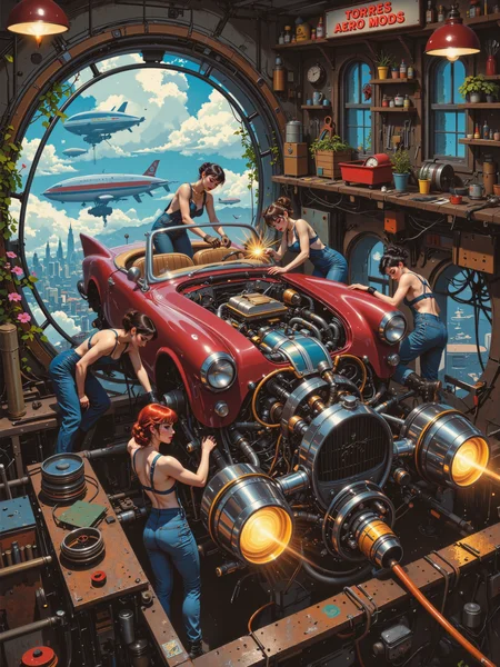 famous artwork, masterful digital art by alejandro burdisio, highly detailed and realistic, retro-futurism inspired by 1950s pin-up art with a dieselpunk and a latin american urban aesthetic, inside a floating car repair shop suspended high above the planet, a team of stunningly gorgeous latina mechanics with 1950s hairstyles, dressed in sexy blue jeans overalls, are at work piecing together a bizarre flying contraption, with perfect hands they are expertly assembling a magnificent fusion of an elegant, awe-inspiring burgundy vintage sports car and highly futuristic alien technology, sparks fly as welding torches illuminate the dimly lit workshop, casting golden reflections on chrome-plated decorations and exposed thrusters of the flying car. the rusted industrial interior of the workshop is stuffed with tools, spare parts, and another half-assembled flying vehicle in the background. colorful metal signs, oil-stained hovering platforms, and thick power cables create a chaotic yet functional workspace, massive steam vents release thick clouds of white vapor, behind them, large bay doors reveal a sprawling cityscape of floating neighborhoods and sky bridges, balconies planted with beautiful flowers, blue sky, billowing clouds and bustling air traffic. the mechanics themselves are a striking mix of sexy 1950s pin-up beauty and rugged expertise, their hair wrapped in colorful scarves, grease-streaked faces glowing under the workshop lights, one leans over the car's open engine bay, adjusting a glowing blue power core, while another wipes sweat from her brow with a confident smirk, their body language and expressions radiate skill, determination, and a sense of camaraderie. a cinematic mid-range shot, slightly low angle, emphasizing the scale of the workshop and the floating carâs imposing design, warm golden lighting from overhead lamps blends with the cold blue hues of the futuristic tech, creating a visually striking contrast, ovg, aidmamj6.1, aidmafluxpro1.1, <lora:style-alejandro_burdisio-flux-by_adel_ai:0.8> <lora:image_upgrade-flux-by_zeronwo7829:0.6> <lora:midjourney_61-v0.5-flux-by_aidma:0.48> <lora:flux_pro1.1_detailer-v0.3-flux-by_aidma:0.48>