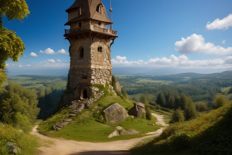 realistic analog photo, award winning photo, vary wide shot of stone witow tower:1.3, no humans, scenery, blue sky, dirt road, tropical island, nature, outdoors, RAW, highres, 8k, uhd, High Dynamic Range, crisp details,