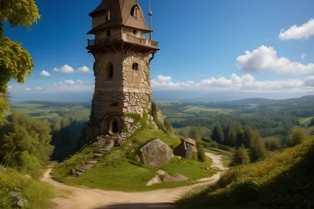 realistic analog photo, award winning photo, vary wide shot of stone witow tower:1.3, no humans, scenery, blue sky, dirt road, tropical island, nature, outdoors, RAW, highres, 8k, uhd, High Dynamic Range, crisp details,