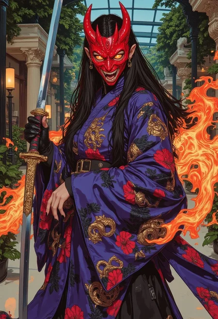 This digital illustration ((pingtu style, illustration-fen, niji, gothic, erotic, anime)) depicts a fierce woman in an oversized robe with glowing floral patterns. She wears a striking red demon mask with sharp, angular cheekbones, deep-set eye slits, and intricate gold etchings resembling veins of fire. The mask’s snarling expression, flared nostrils, and elongated fangs give her an intense, commanding aura. Her long, flowing hair cascades down her back, partially blending with the voluminous fabric of her attire. The robe’s luminous floral motifs shift from neon blues and purples to fiery oranges and reds, casting an ethereal glow.  
She grips a real katana, its blade engulfed in roaring flames that flicker with supernatural energy. The detailed hilt features gold embellishments and engraved dragon motifs. The fire casts reflections across her attire, heightening the scene’s drama.  
The background is an arthouse gallery filled with lush botanical greenery, where towering plants and vines intertwine with modern sculptures. Soft ambient lighting filters through glass panels, illuminating the polished floors, which faintly reflect the glow of her robe. The fusion of traditional warrior elements with a refined, artistic setting creates a surreal yet powerful atmosphere.