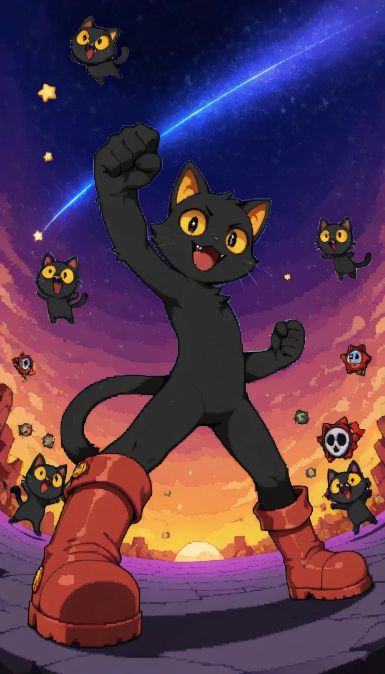  detailed fur:1, detailed face:1, detailed eyes:1, highres, incredible quality, good anatomy, score_9, score_8, incredible quality, high quality, highres, masterpiece, ((tetris attack style, pixel art, thick outlines)), cat, solo, 1boy, black fur, smile, open mouth, fangs, full body, looking at viewer, anthro, furry, furry male, yellow sclera, :3, dynamic pose, dynamic angle, red boots, stars, standing, action pose, closed fist