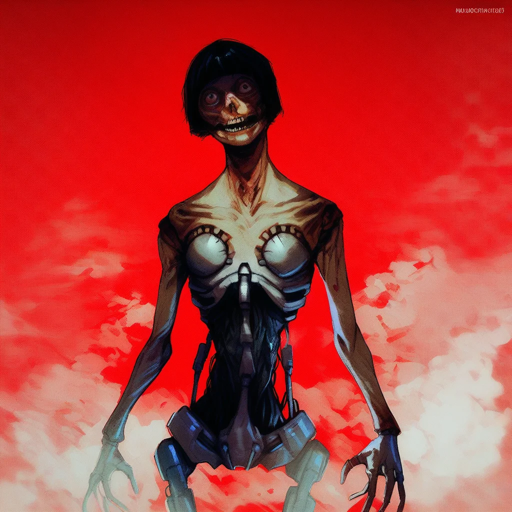score_9, score_8_up, score_7_up, 1girl, solo, cyborg_midwife, short hair, black hair, teeth, mechanical parts, guro, horror (theme), sci fi hallway, red background, fog, mist, rimlight