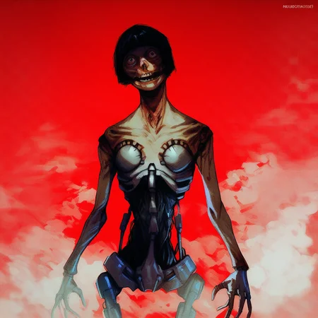 score_9, score_8_up, score_7_up, 1girl, solo, cyborg_midwife, short hair, black hair, teeth, mechanical parts, guro, horror (theme), sci fi hallway, red background, fog, mist, rimlight