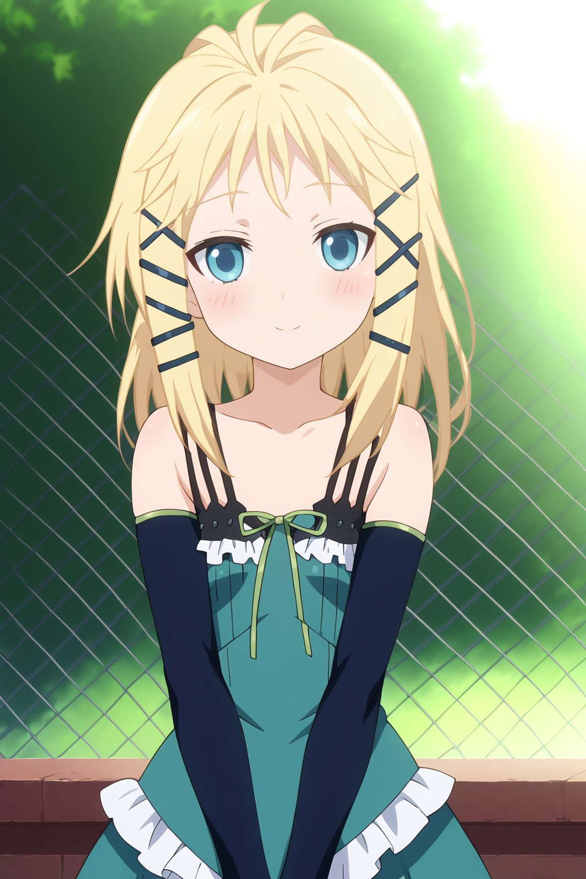 score_9, score_8_up, score_7_up, source anime, prefect lighting, very aesthetic, BREAK, anime screencap, anime coloring,
<lora:tina_sprout_v1-pony6:0.9>, 1girl, tina sprout, black bullet, blonde hair, blue eyes, hair ornament, flat chest, tinadress, dress, ribbon, bare shoulders, detached sleeves,
BREAK, light smile, blush, looking at viewer, cowboy shot, 
BREAK,