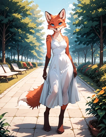 score_9,score_8_up,score_7_up,score_6_up,
outdoors,park,
full body,seductive smile,parted lips,long eyelashes,
standing, barefoot, pose,
sundress,
<lora:Foxy_v02_PDXL:1>,Foxy,1girl,solo,furry female,fox girl,fox tail,body fur,two-tone fur,orange fur,white fur,fox ears,animal ear fluff,blue eyes,snout,animal nose,
<lora:add-detail-xl:1>,