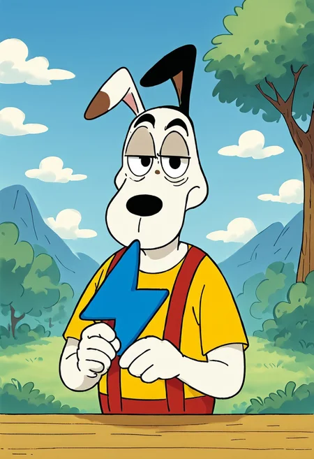 score_9, rating_safe, solo, no humans, alik, furry male, dog, male focus, short, upper body, unimpressed, looking at viewer, holding buzz, white body, spotted body, asymmetrical coloring, (yellow shirt), brown suspenders, toony, blue buzz, (holding blue buzz:1.3), (one buzz on both hand:1.4),