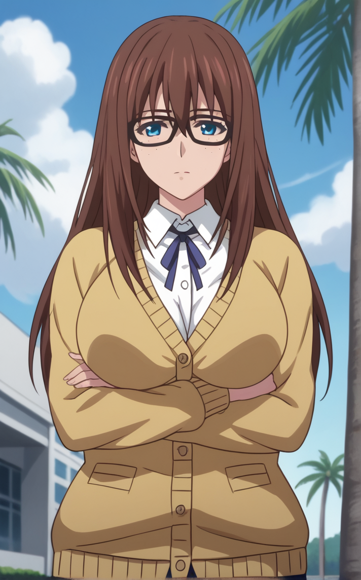 score_9, score_8_up, score_7_up, absurdres, 1girl, bare tree, branch, breast hold, crossed arms, day, outdoors, palm tree, stomach, cowboy shot, blue sky, cloud, blurry background, legs together, closed mouth, standing, thighs, arm under breasts, <lora:PONYXL_YukuhashiRena_SimpleYetSexy_ownwaifu:1>, BREAK YellowSweater_YukuhashiRena_ownwaifu, 1girl, brown hair, long hair, glasses, black-framed eyewear, blue eyes, freckles, cardigan, white shirt, collared shirt, sweater, long sleeves, neck ribbon, yellow sweater, hair between eyes, shirt, skirt, opaque glasses, yellow cardigan, necktie, breasts, blue ribbon, blue skirt, large breasts, pencil skirt, dress shirt, <lora:add-detail-xl:0.15>,