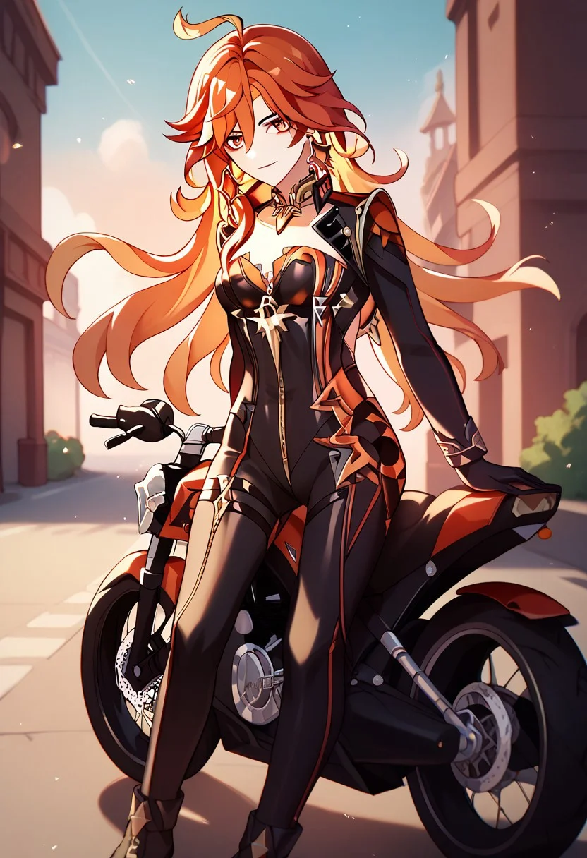 score_9_up, score_8_up, score_7_up, extreamly detailed, beautiful detailed face, complex detailed background, 1girl, BREAK, MAVUIKA (GENSHIN IMPACT), Motorcycle suit, Motorcycle
