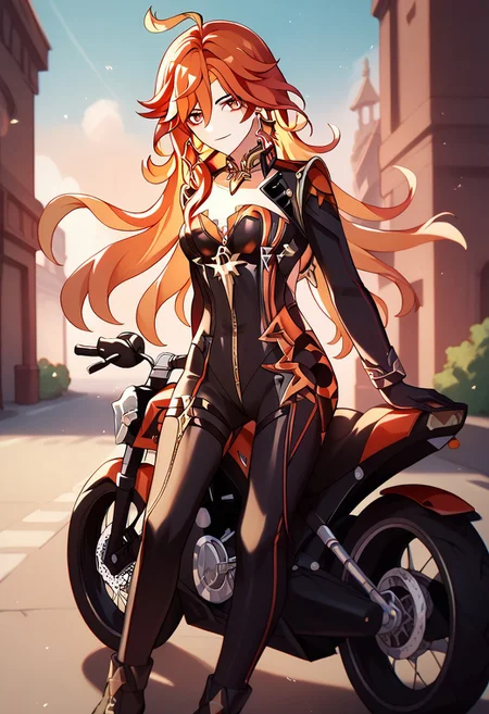 score_9_up, score_8_up, score_7_up, extreamly detailed, beautiful detailed face, complex detailed background, 1girl, BREAK,  MAVUIKA (GENSHIN IMPACT), Motorcycle suit, Motorcycle