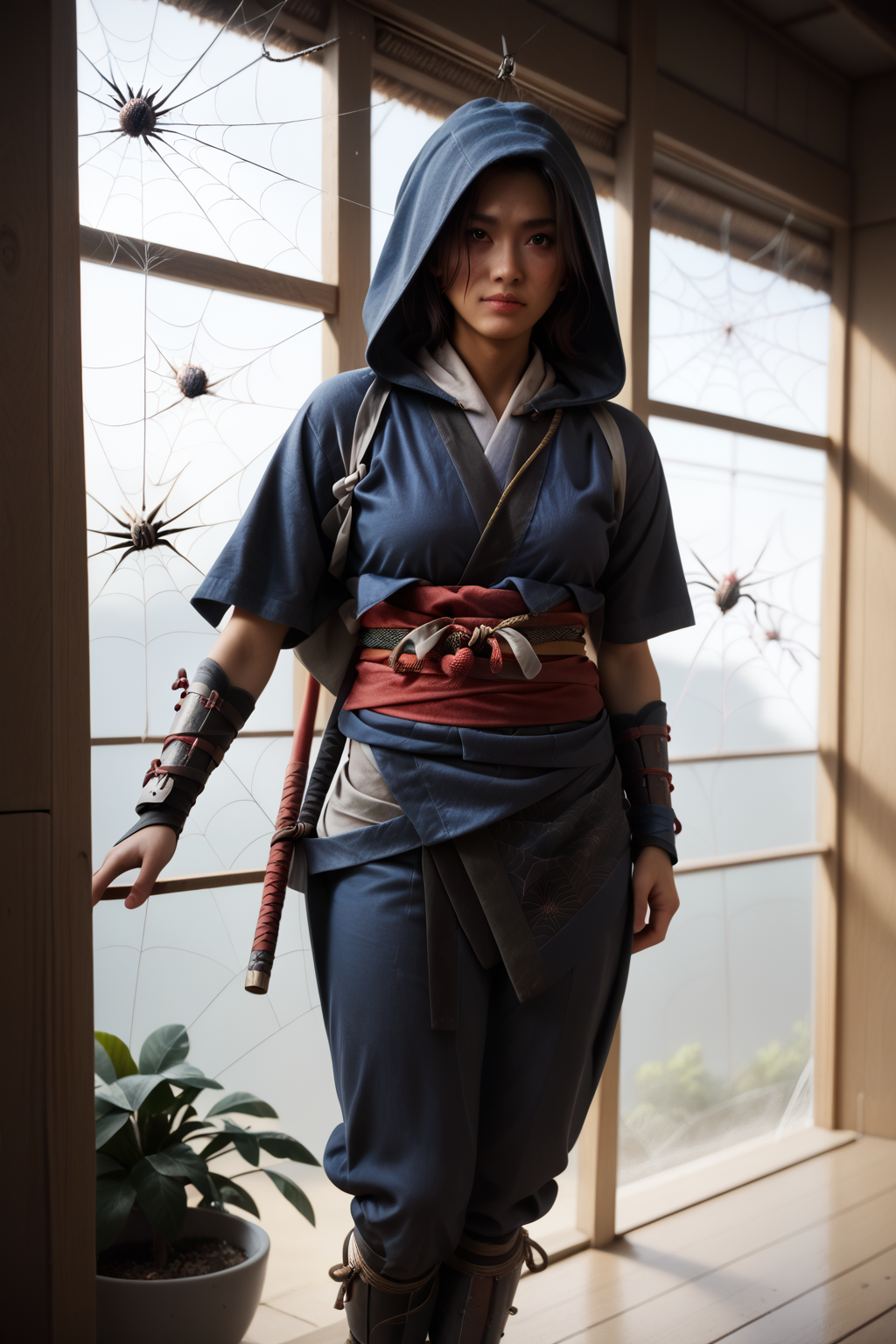 <lora:ACShadows_t2:1>1girl, Naoe, brown eyes, short black hair, japanese clothes, sash, arm guards, pants,hood <lora:Spidersex:1>cocoon , spiderweb, silk, restrained, Score_9, Score_8_up, Score_7_up, Score_6_up, Score_5_up, Score_4_up, BREAK,1girl in full growth, best quality, masterpiece, ultra-detailed, high quality,good quality,1 girl,(master piece,high resolution, ultra detailed,8K,16K),look at viewer