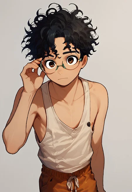 score_9, score_8_up, score_7_up,1boy, solo, cute boy, okarun, black hair, curly hair, brown eyes, glasses, tank top, shorts, one nipple, male nipple