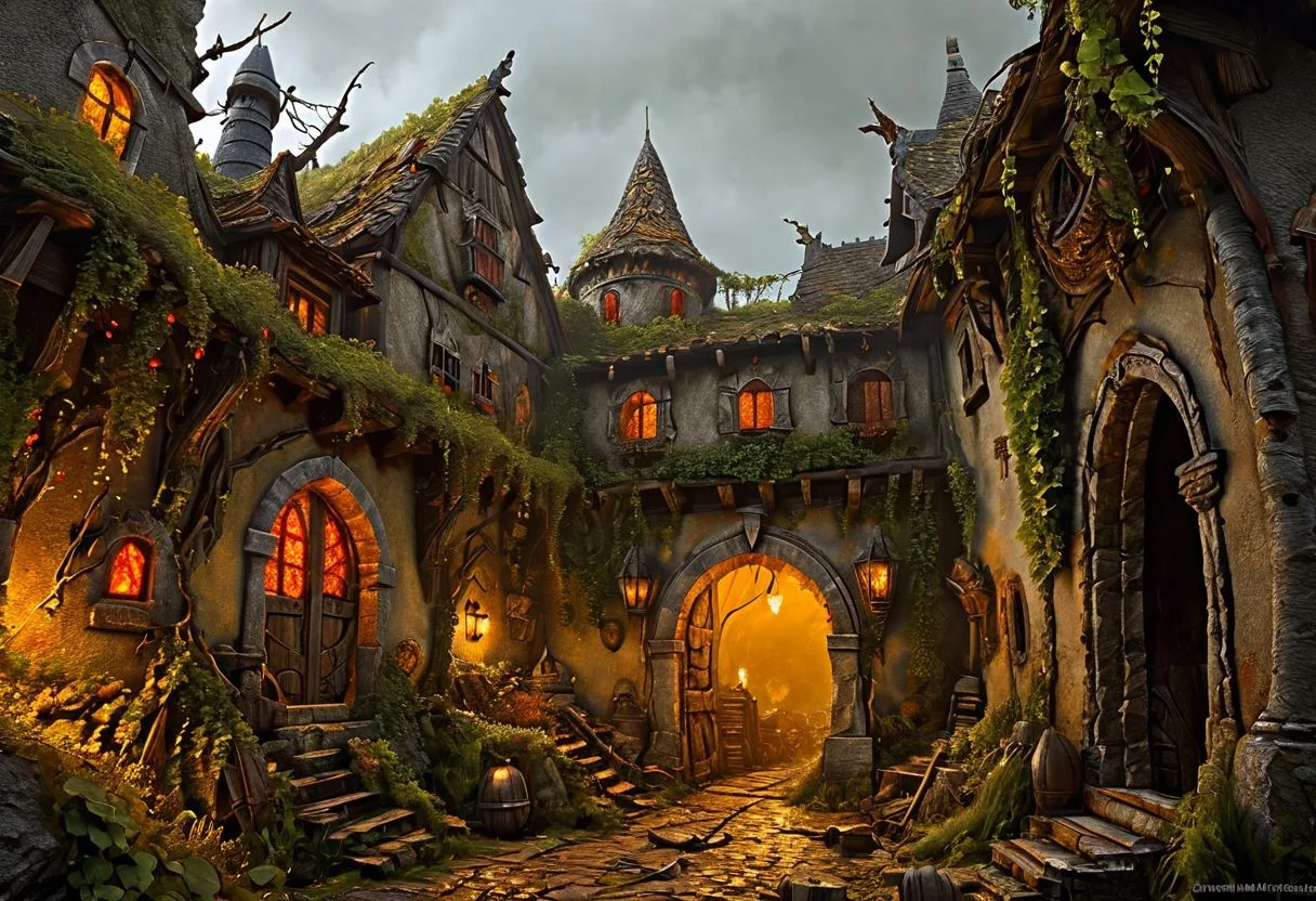 Surreal horror style by Pawel Kuczynski and Joan Miro and Bridget Bate Tichenor and Arthur Secunda,Warhammer Fantasy Renaissance Medieval Horror Roleplay,A once-grand dwarven city, now crumbling and overgrown with vines, is shrouded in a thick fog. The sky is a sickly yellow, and the air is filled with the stench of decay. Dwarven warriors, their faces contorted in agony, have been transformed into monstrous creatures, their eyes glowing with an unnatural red light. The scene is a testament to the power of the curse and the desperation of the dwarven people. Use a dark, gritty style reminiscent of Warhammer's battle-scarred landscapes, dark, chiaroscuro, low-key, ral-sld ,art_booster