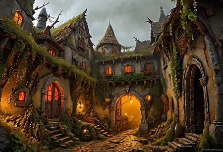 Surreal horror style by Pawel Kuczynski and Joan Miro and Bridget Bate Tichenor and Arthur Secunda,Warhammer Fantasy Renaissance Medieval Horror Roleplay,A once-grand dwarven city, now crumbling and overgrown with vines, is shrouded in a thick fog. The sky is a sickly yellow, and the air is filled with the stench of decay. Dwarven warriors, their faces contorted in agony, have been transformed into monstrous creatures, their eyes glowing with an unnatural red light. The scene is a testament to the power of the curse and the desperation of the dwarven people. Use a dark, gritty style reminiscent of Warhammer's battle-scarred landscapes, dark, chiaroscuro, low-key, ral-sld ,art_booster