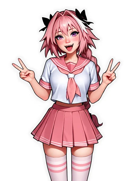 score_9, score_8_up, score_7_up, score_6_up, score_5_up, score_4_up, rating_safe
BREAK
astolfo \(fate\), otoko no ko, pink hair, braid,
BREAK
solo, standing, pink serafuku, white shirt, pink thighhighs, pink skirt, peace sign,
BREAK
white background, <lora:Lunas-AromaSensei-SDXL-B1:1>