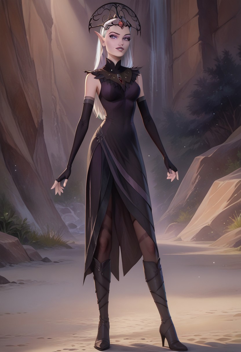 (Expressiveh:1.7), (Masterpiece, best quality:1.8), score_9, score_9_up, score_8_up, shading, (lighting:0.9), (anatomically correct), best high quality, high res,  human, 45 years old, 1girl, (thin:1.3), solo,
ravenzella, unicornacademy, black crown, eyeliner, purple eyes, purple lips, pointy ears, very thin, tall, white hair, coloured skin, light lilac skin, long gloves, fingerless gloves, jewelry, necklace
easynegative, show accurate,watercolor \(medium\), traditional media, (detailed:1.9), realistic hair,  thick body, breasts, round breasts, thin thighs, clothes, black gown, night gown, lace gown, pantyhose, legs, high heel boots, (make up:1.5),  irl, (realistic style:1.0),  lidded eyes, (smiling:0.8), evil grin, left hand on hips
(normal face size:1.0), sultry pose, seductive look, seductive pose, face focus,  erotic, outdoor