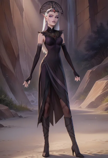 (Expressiveh:1.7), (Masterpiece, best quality:1.8), score_9, score_9_up, score_8_up, shading, (lighting:0.9), (anatomically correct), best high quality, high res,  human, 45 years old, 1girl, (thin:1.3), solo,
ravenzella, unicornacademy, black crown, eyeliner, purple eyes, purple lips, pointy ears, very thin, tall, white hair, coloured skin, light lilac skin, long gloves, fingerless gloves, jewelry, necklace
easynegative, show accurate,watercolor \(medium\), traditional media, (detailed:1.9), realistic hair,  thick body, breasts, round breasts, thin thighs, clothes, black gown, night gown, lace gown, pantyhose, legs, high heel boots, (make up:1.5),  irl, (realistic style:1.0),  lidded eyes, (smiling:0.8), evil grin, left hand on hips
(normal face size:1.0), sultry pose, seductive look, seductive pose, face focus,  erotic, outdoor
