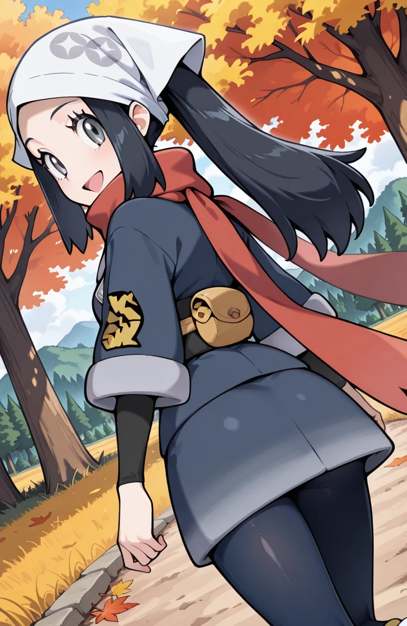 masterpiece, best quality, newest, (sugimori ken \(style\):0.5), pokemon screencap, 1girl, <lora:Akari_-_Pokemon_Illustrious:1>, akari, grey eyes, eyelashes, black hair, long hair, head scarf, galaxy expedition team survey corps uniform, scarf, white headwear, pantyhose, sidelocks, jacket, red scarf, sash, skirt, perfect eyes, breast, shiny skin, smile, open mouth, looking at viewer, grass plain, autumn, trees, forest, scenery, erotic, from behind, back view, dynamic angle, perfect anatomy