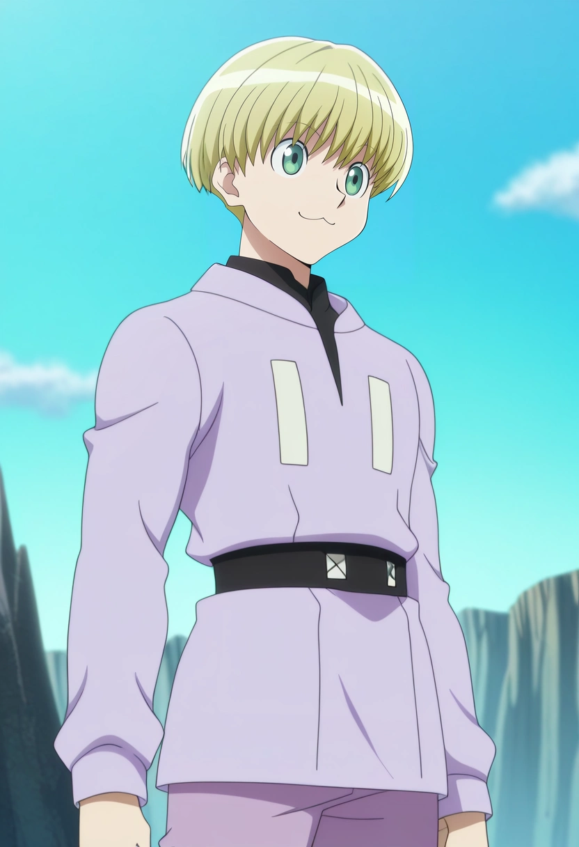 masterpiece, best quality, , anime screencap, anime coloring, official style,, 1boy, solo, male focus, <lora:shalnark_ryuseih_ilxl:0.94>, shalnark_ryuseih, blonde hair, green eyes, short hair, bangs, , cowboy shot, ayers rock, day, sunny, floating, :\3, Fleece joggers, Chambray shirt, , ,