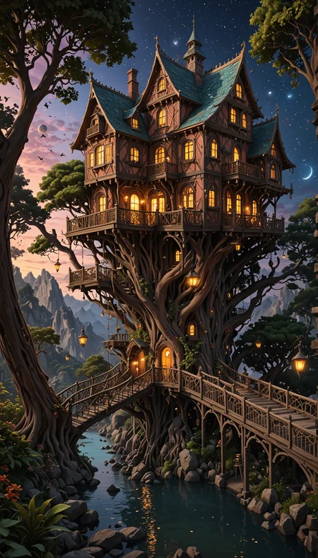 a wonderous and beautiful fantasy world with the Tree House Mansion, Bridge, Stars, in the night, insanely detailed and intricate, hyper maximalist, elegant, hyper realistic, super detailed, vivid colours, sunrise, ornate, dynamic, articulate, 8K, <lora:3D_Framed_Wall_Art_-_By_DICE:0.6>, (Framed 3D, 3d Tree), EPIC, Painstaking Attention To Detail, UHD