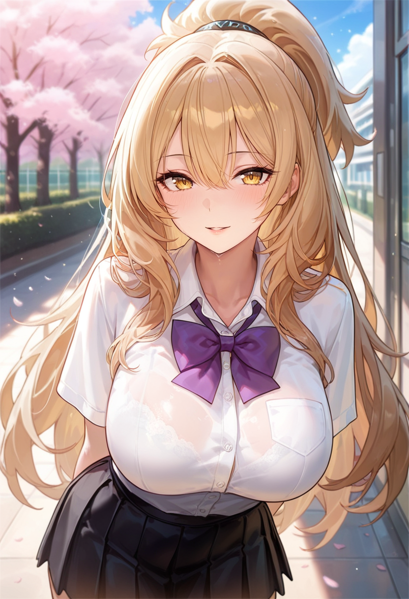 masterpiece, best quality, amazing quality,lionAZ, yellow eyes, blonde hair, long hair, high ponytail, 1girl, breasts, solo, large breasts,school uniform,pleated skirt,white shirt, black skirt, purple bow,short sleeves, parted lips, light smile, standing,arms behind back, looking at viewer, cowboy shot, blurry background, outdoors, school, cherry blossom  <lora:lionV1:0.8>