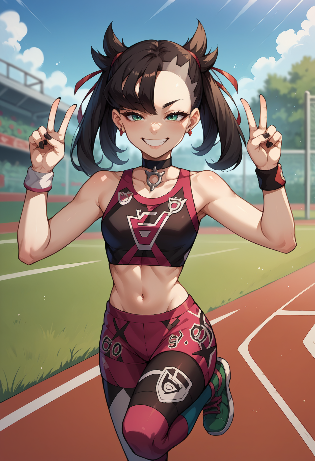 score_9, score_8_up,score_7_up, source_anime, rating_safe, 1girl, solo,<lora:EPpkMarnie:1>, black hair, green eyes, hair ribbon, twintails, asymmetrical bangs, red ribbon, OutfitGL, navel, torn clothes, black nails, gloves, single glove, earrings, jewelry, black choker, midriff, sports bra, nail polish, leggings, sportswear, collarbone, wristband, bare shoulders, stomach, standing on one leg, jumping, smile, half-closed eyes, double v, blurry background, motion lines, motion blur,