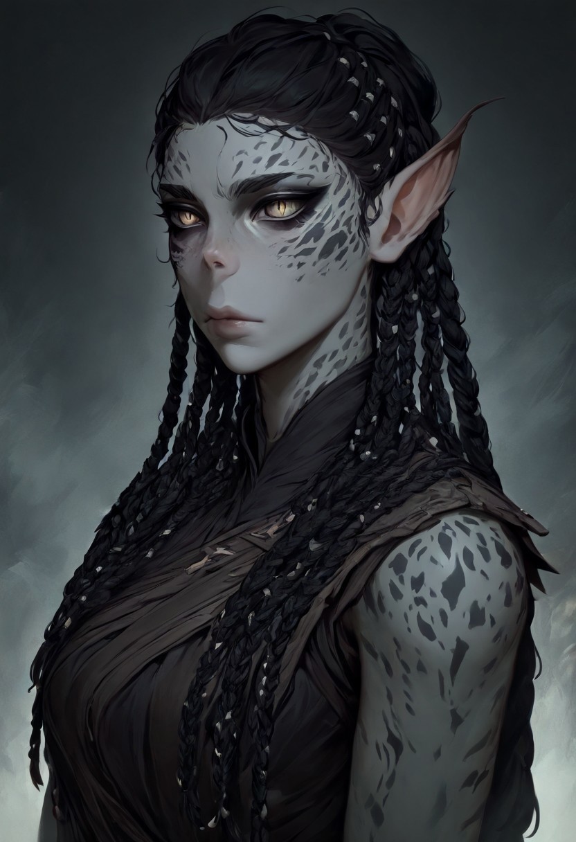 masterpiece, best quality, newest, absurdres, highres, DFCAV1.0,
1girl, GIV1.0-IL, gith_(d&d), pointy ears, slit pupils, colored skin, grey colored skin, grey skin, black hair, braid, braided hair, multiple braids, taid hair,