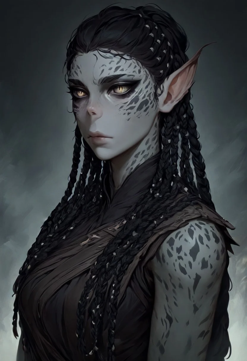 masterpiece, best quality, newest, absurdres, highres, DFCAV1.0,
1girl, GIV1.0-IL, gith_(d&d), pointy ears, slit pupils, colored skin, grey colored skin, grey skin, black hair, braid, braided hair, multiple braids, taid hair,