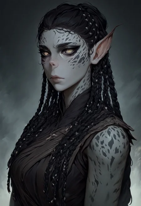 masterpiece, best quality, newest, absurdres, highres, DFCAV1.0,
1girl, GIV1.0-IL, gith_(d&d), pointy ears, slit pupils, colored skin, grey colored skin, grey skin, black hair, braid, braided hair, multiple braids, taid hair,