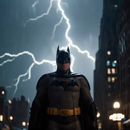cinematic film still of <lora:Batman:1>
a closeup on batman silhouetted standing in front of a lightning bolt in stormy rainy weather In Gotham City Universe, shallow depth of field, vignette, highly detailed, high budget, bokeh, cinemascope, moody, epic, gorgeous, film grain, grainy