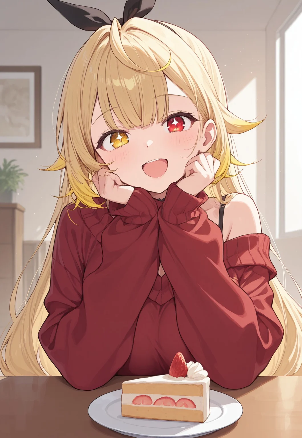 masterpiece, best quality, absurdres, highres, newest, volumetric lighting, ambient lighting, indoors, table food, food plate, cake slice, looking at viewer, starry eyes, smile, open mouth, :d, sitting, upper body, hoshikawa, blonde hair, heterochromia, red eyes, yellow eyes, oshikawa2nd, very long hair, hair ribbon, black ribbon, red sweater, union hack, off shoulder, long sleeves,