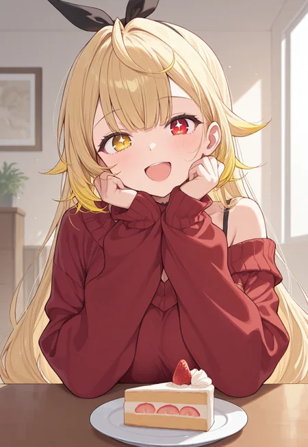 masterpiece, best quality, absurdres, highres, newest, volumetric lighting, ambient lighting, indoors, table food, food plate, cake slice, looking at viewer, starry eyes, smile, open mouth, :d, sitting, upper body, hoshikawa, blonde hair, heterochromia, red eyes, yellow eyes, oshikawa2nd, very long hair, hair ribbon, black ribbon, red sweater, union hack, off shoulder, long sleeves,