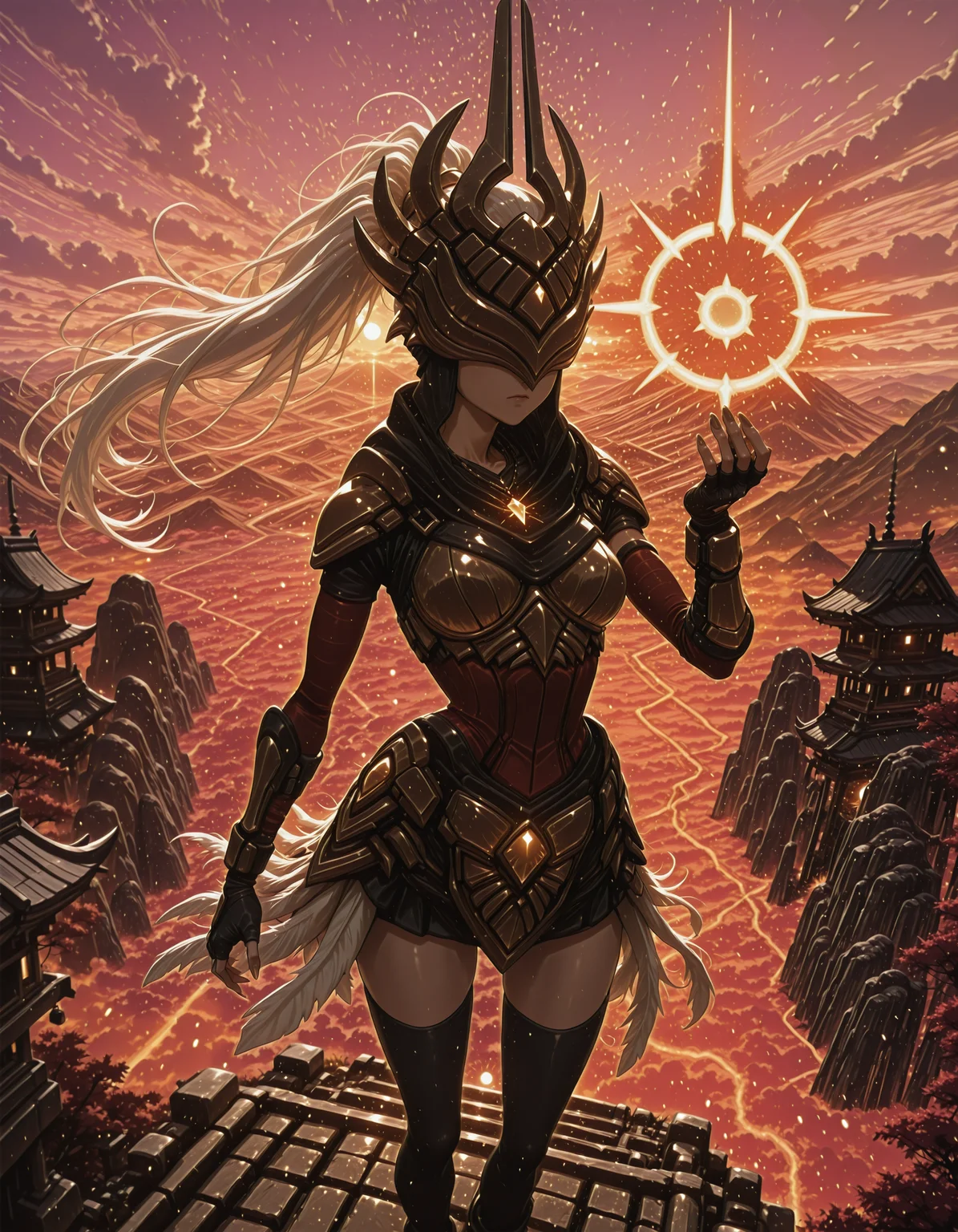 <lora:justicar_syndra_ill_v1.6:1> justicar_goddess, 1girl, armor, crown, thighhighs, long hair, fingerless gloves, fingertip armor, necklace, white hair, covered eyes, glowing energy sphere, glowing light sphere, ponytail, wind, <lora:standing_on_the_edge:0.7> 5t4nd1ng_0n_3dg3, scenary, mountains, sunrise, clouds, shrine <lora:re4lity:0.3> re4lity_sync_illu, <lora:Aura_illu:0.3> 4ur4_illu <lora:V2_yakumo_alchemy:0.3> red theme, glowing, glowing particles, glowing light particles, light particles, cherry trees