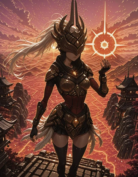 <lora:justicar_syndra_ill_v1.6:1> justicar_goddess, 1girl, armor, crown, thighhighs, long hair, fingerless gloves, fingertip armor, necklace, white hair, covered eyes, glowing energy sphere, glowing light sphere, ponytail, wind, <lora:standing_on_the_edge:0.7> 5t4nd1ng_0n_3dg3, scenary, mountains, sunrise, clouds, shrine <lora:re4lity:0.3> re4lity_sync_illu, <lora:Aura_illu:0.3> 4ur4_illu <lora:V2_yakumo_alchemy:0.3> red theme, glowing, glowing particles, glowing light particles, light particles, cherry trees
