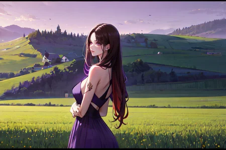 (otherworldly), highly insanely detailed, masterpiece, top quality, best quality, highres, 4k, 8k, RAW photo, (very aesthetic, beautiful and aesthetic), farm, fields, barn, fence, fantfa, <lora:FantasyFarm-10:0>,
1girl,
(brunette hair ,gradient hair,streaked hair),
(pure purple background,transparent background),âââ