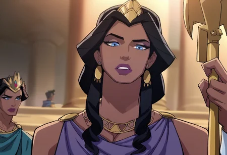 safe_pos, score_9, score_8_up, score_7_up, hippolyta, long hair, blue eyes, black hair, makeup, lipstick, dress, jewelry, earrings, purple dress, necklace, crown, tiara, staff, cleavage