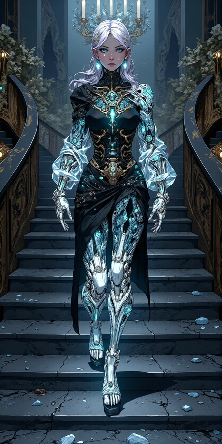 cyberpunk style beautiful cyborg girl with robotic body, painted black with glowing tattoos, wearing transparent silk robes walks down stairs made of black basalt and diamonds, eerie atmosphere, mystery and sacred, asymetric composition, fractal glass, intricate details, cyberpunk scene, anime ink outlines, <lora:BLUE_mk4_angel_FLUX_03:1> <lora:BioInk2FLUX:1><lora:flux-photo-transparent_Alpha_1.0:1> <lora:CPA:1>