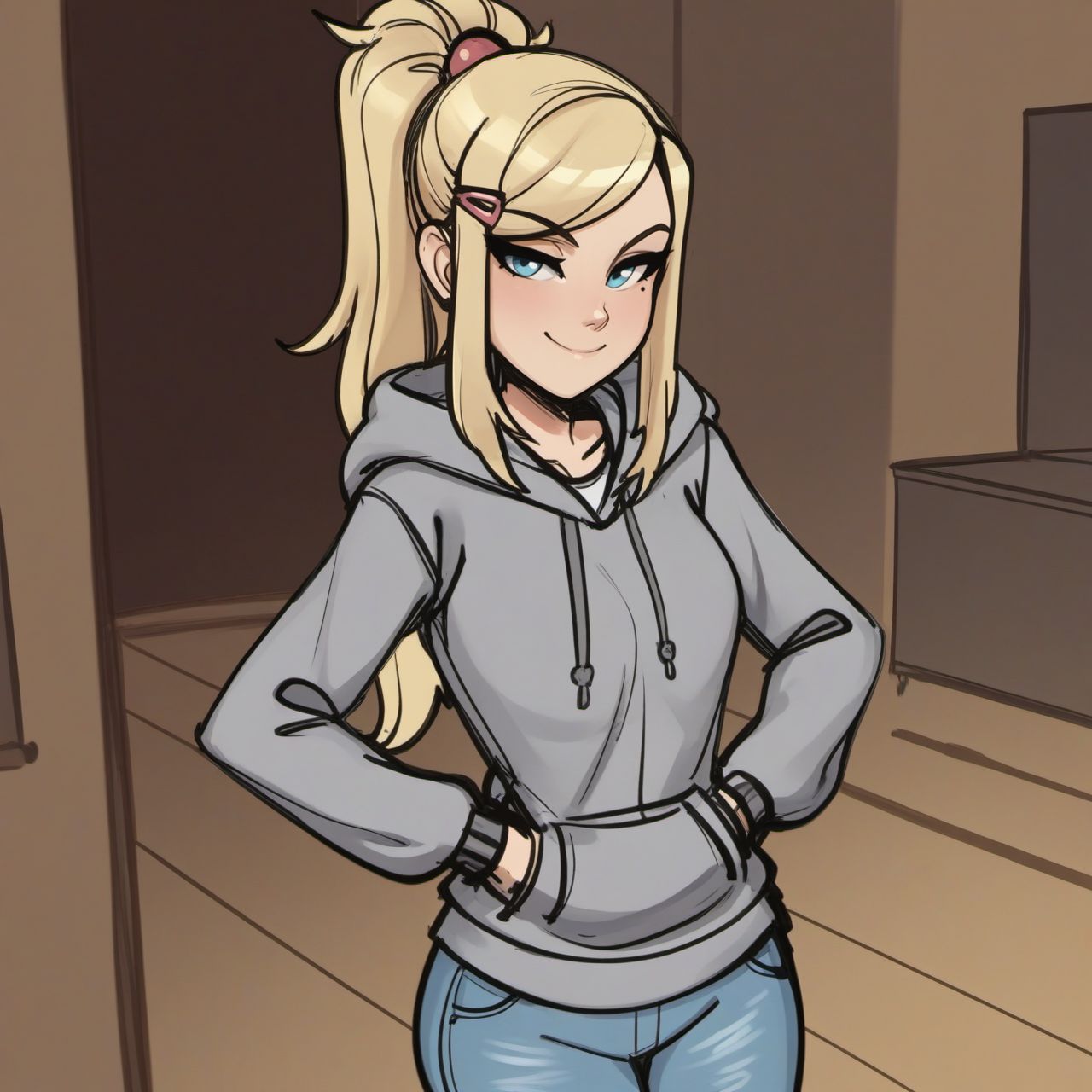 score_9, score_8_up, score_7_up, ma1n1cpa1nt, sketch,
1girl, solo, long hair, looking at viewer, smile, hair ornament, long sleeves, closed mouth, blue eyes, standing, ponytail, hairclip, indoors, hood, blonde hair, hoodie, hood down, smug, grey hoodie, jeans, 
<lora:fix_hands:1.5>,
<lora:mainiacpaint_style_v1-000007:0.8>,