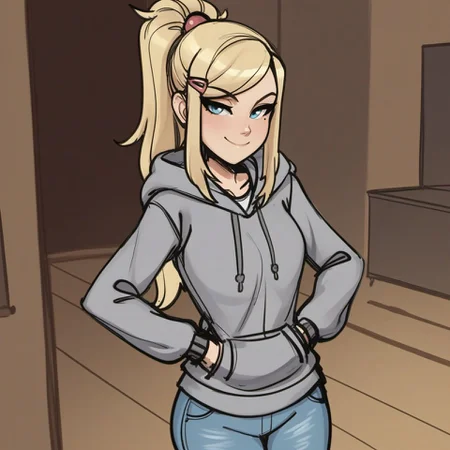 score_9, score_8_up, score_7_up, ma1n1cpa1nt, sketch,
1girl, solo, long hair, looking at viewer, smile, hair ornament, long sleeves, closed mouth, blue eyes, standing, ponytail, hairclip, indoors, hood, blonde hair, hoodie, hood down, smug, grey hoodie, jeans,
<lora:fix_hands:1.5>,
<lora:mainiacpaint_style_v1-000007:0.8>,