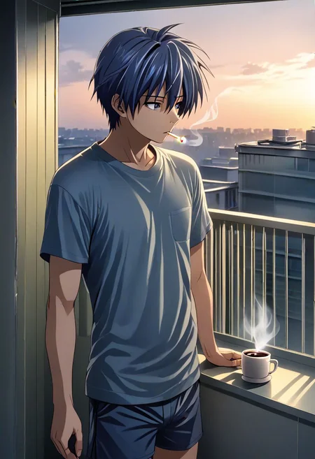 high resolution, solo, best quality, 1Boy, Tomoya Okazaki, Grey Blue Hair, home balcony, morning, cigarette, coffee, t-shirt, shorts, looking away, OverallDetail
