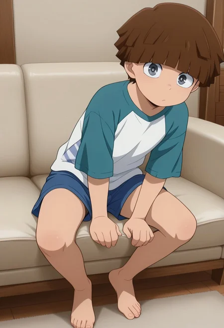 1boy, cute boy, petite, solo, Roro Soul, brown hair, bowl cut, bangs, gray eyes, tanned-skin, cadet blue and white shirt, raglan sleeves, blue shorts, barefoot, full body, looking at viewer, indoors, sofa house