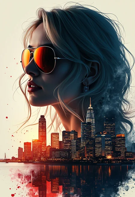 Silhouette Art, magnificent, inksplash double exposure, crisp lines, Osaka cityscape below and to side of closeup portrait of stunning japanese woman, blonde loose hair, mirrorred aviator sunglasses, dark background