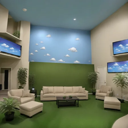(indoors:1.3), fake plants, fake grass, fake sky painted on the wall, sofa, chair, table, television,
<lora:Liminal_Spaces_XL:1>
