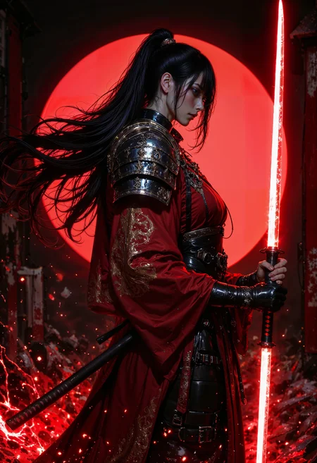 An1meL1nes, samurai girl wearing a kimono with shoulder armor, she's holding a katana glowing with red energy, her long hair is flowing in the wind, she stands in a dojo training for her next battle. (maximum ultra high definition image quality and rendering:3), maximum image detail, maximum realistic render, (((ultra realist style))), realist side lighting, , 8K high definition, realist soft lighting, <lora:FluxMythAn1meL1nes:1>