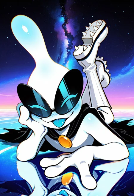 masterpiece, ultra detailed, amazing quality, absurdres, very aesthetic, solo, male focus, 1boy,
orbulon_WW, white skin, alien, 3 fingers, fewer digits, sunglasses, eyes visible through eyewear, closed eyes, looking at viewer, blue eyes, knee boots, white footwear, spiked footwear, brooch, black cape, torn cape, smile, :p, tongue out, blue tongue, slim, full body, (lying:1.1), on stomach, the pose, legs up, arm support, head rest, shoe soles, blush, blue blush, from front,
BREAK
detailed shading, shadow, on ground, WaiIL25PosC, g0th1c, glowing, backlighting, reflection, psychedelic background, galaxy,