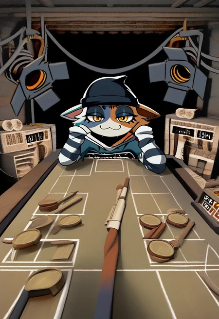 1girl, Meowskullsxl, anthro, cat girl, animal ears, multicolored fur, black fur, orange fur, orange eyes beanie, striped sleeves, printed hoodie, buckshot roulette, head rest, smug, smile, half-closed eyes, pitm, looking at viewer,