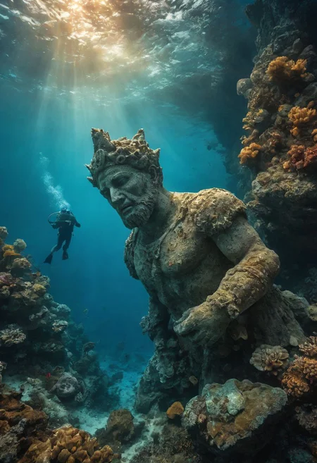Diver discovering gigantic, Describe the awe-inspiring scene captured in the image of an ancient Atlantean statue emerging from the crystalline blue waters, surrounded by the mystique of the ocean and vibrant hues.
very detailed, hd, RAW photograph, masterpiece, top quality, best quality, official art,highest detailed, atmospheric lighting, cinematic composition, complex multiple subjects, 4k HDR, vibrant, highly detailed, Leica Q2 with Summilux 35mm f/1.2 ASPH, Ultra High Resolution, wallpaper, 8K, Rich texture details, hyper detailed, detailed eyes, detailed background, dramatic angle, epic composition, high quality , (8k, RAW photo, highest quality), hyperrealistic,sea ​​monster