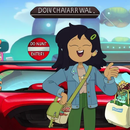 smile, dark-skinned female, jewelry, hair ornament, pants, closed eyes, 1girl, open mouth, sky, ground vehicle, car, aquarium, bag, english text, marcy wu, jacket