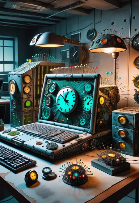 hyper detailed masterpiece, dynamic, awesome quality,DonMN33dl3P1ll0wXL stealthy spy network operations center, laptop/computer,weathered map,table lamp,clocks,lost scroll, concrete flooring, bioluminescent organisms, rim lighting, cyberpunk, sci-fi <lora:DonMN33dl3P1ll0wXL:1>
